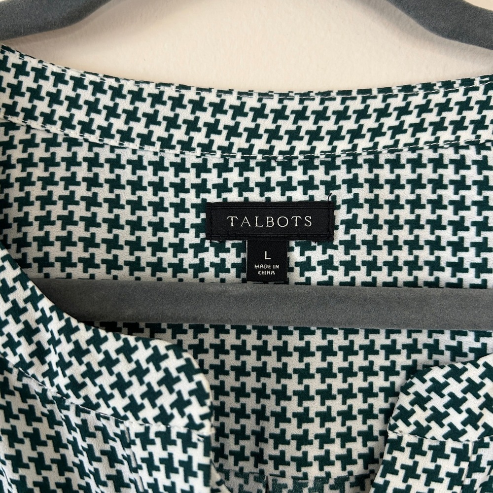 Talbots Womens Green White Houndstooth Hidden Button Office Blouse Large - Picture 3 of 5